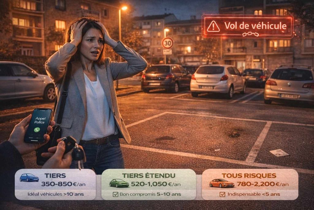 Femme découvrant avec stupeur que sa voiture a été volée sur un parking urbain