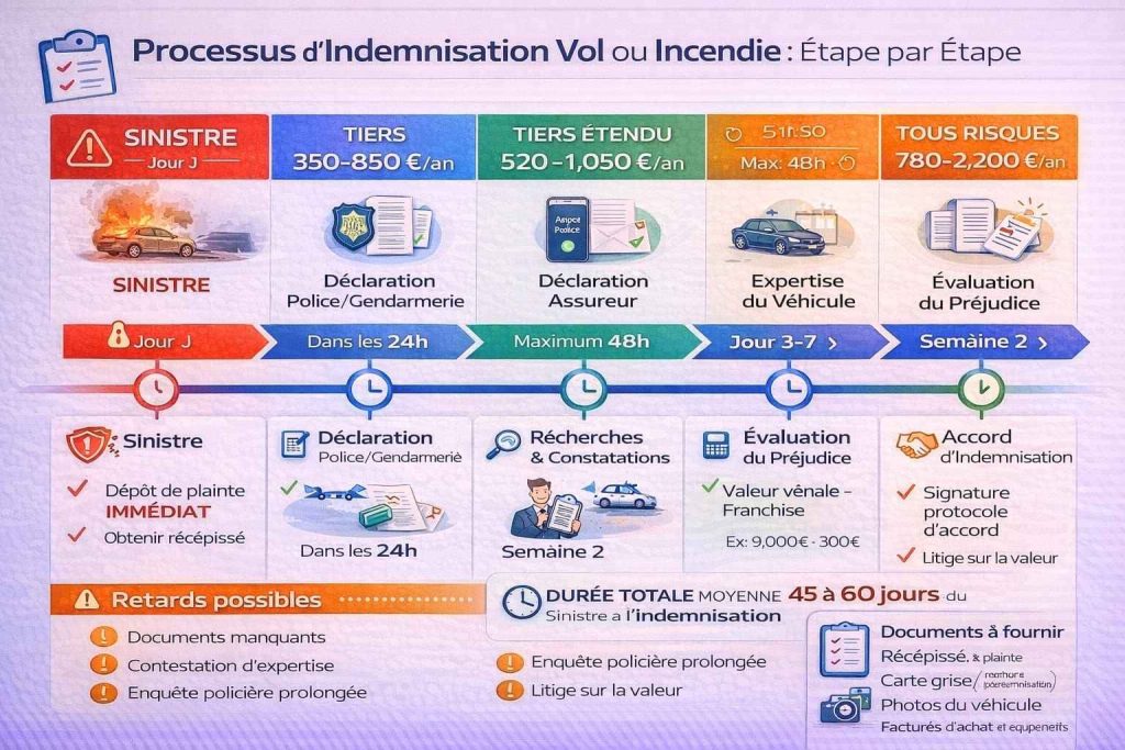 Infographie chronologique du processus d'indemnisation pour vol ou incendie de véhicule