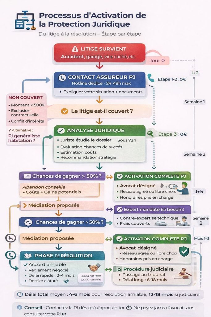 Organigramme du processus complet d'activation et utilisation de la protection juridique automobile