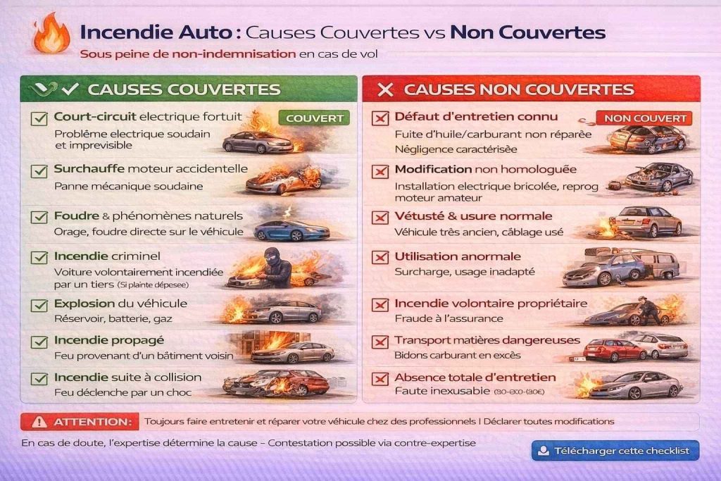 Tableau comparatif des causes d'incendie automobile couvertes et non couvertes par l'assurance