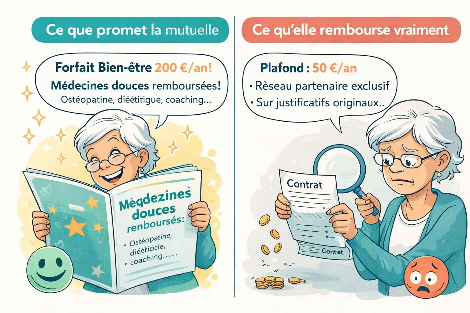 Illustration style BD en deux colonnes : à gauche une senior souriante avec une brochure promettant 200€/an de forfait bien-être, à droite la même senior déçue avec un contrat révélant un plafond de 50€/an