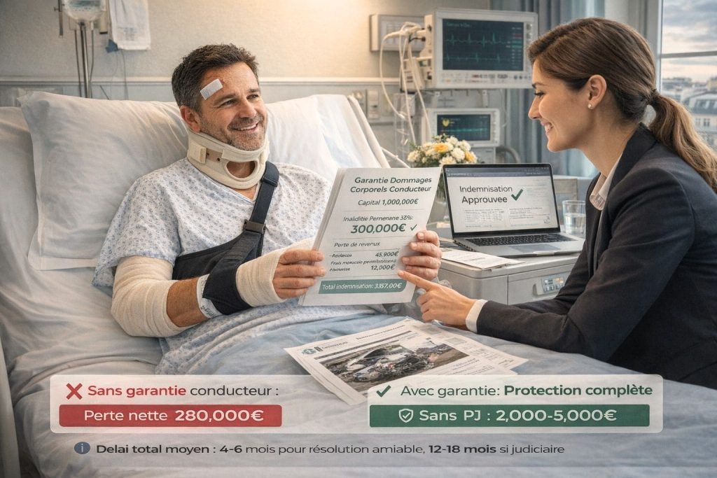 Patient hospitalisé après accident grave recevant la confirmation de son indemnisation garantie dommages corporels conducteur