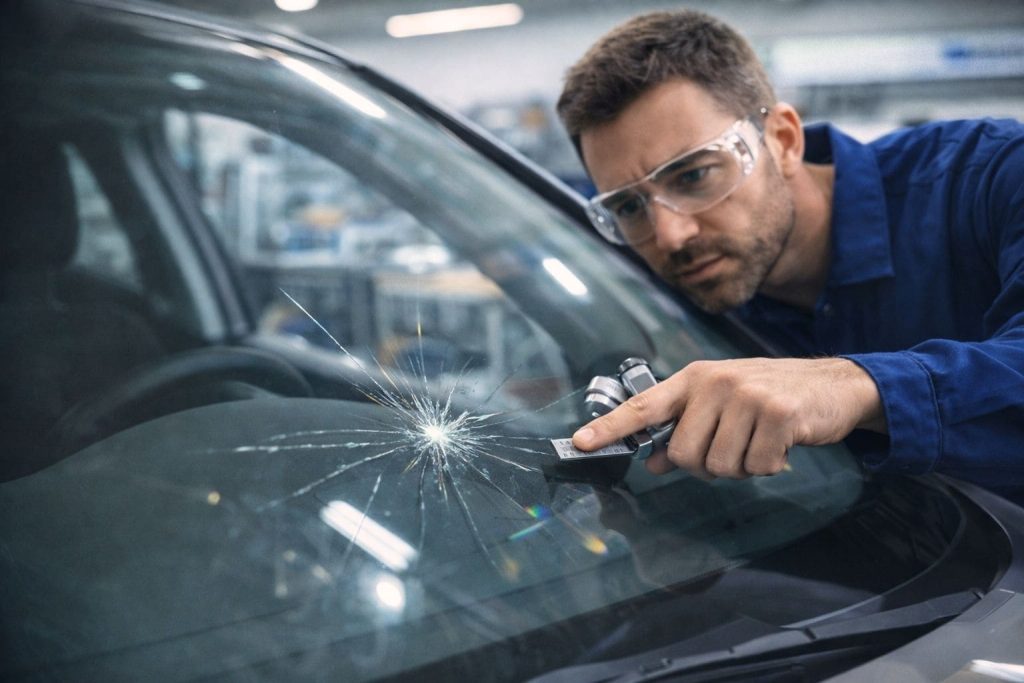 Technicien inspectant un impact en étoile sur un pare-brise de voiture dans un atelier de réparation