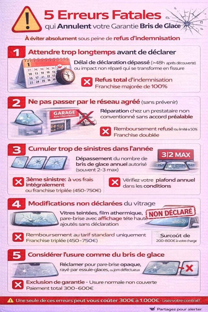 Infographie listant les 5 erreurs qui peuvent annuler la garantie bris de glace automobile