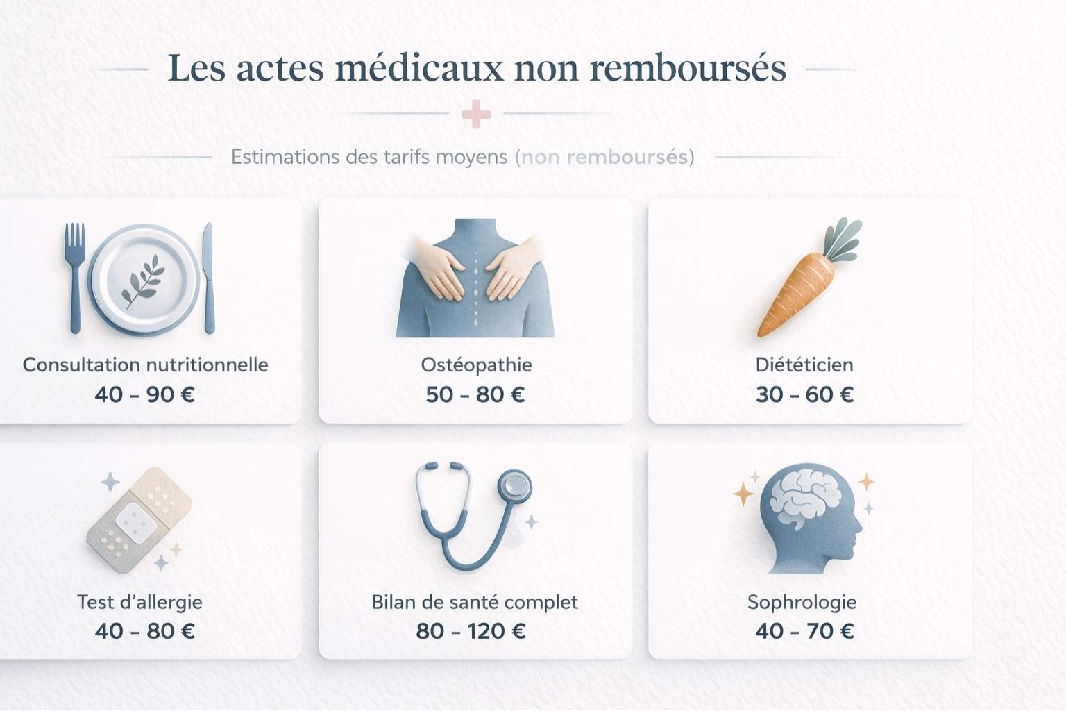 Infographie listant six actes médicaux non remboursés par la Sécurité Sociale avec leurs prix moyens en France