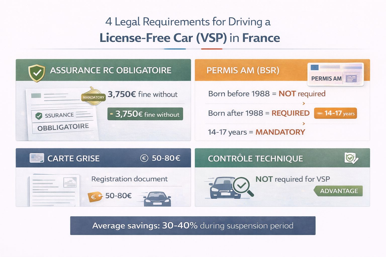Infographie obligations légales VSP - Assurance, permis AM, carte grise, pas de contrôle technique
