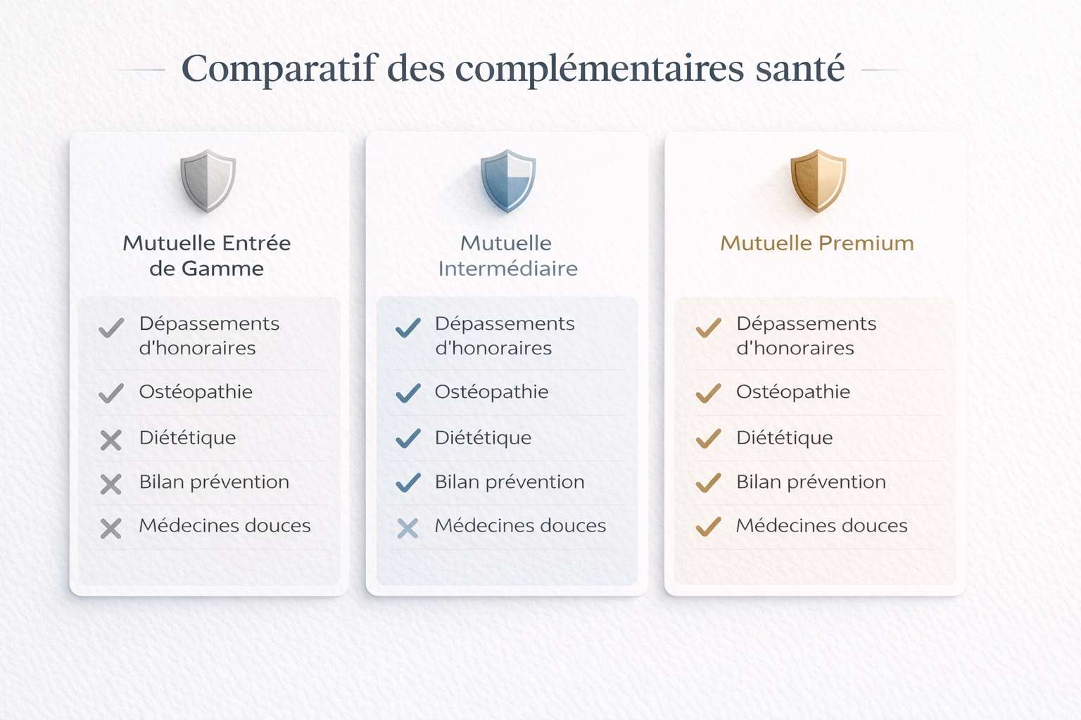 Comparatif de trois niveaux de mutuelles françaises et leur couverture des actes non remboursés par la Sécurité Sociale