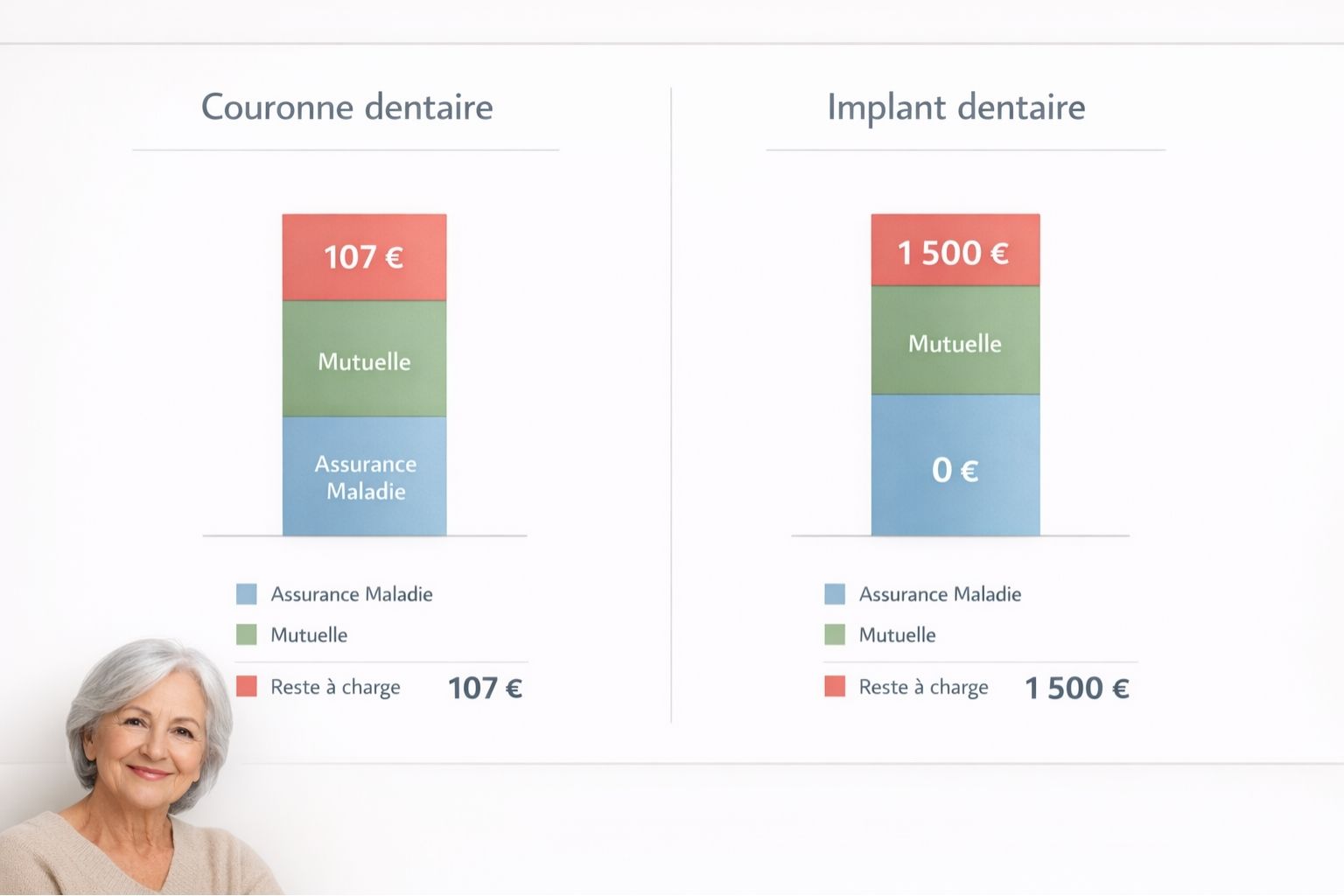 Comparaison visuelle du remboursement d'un implant dentaire versus une couronne — part Sécu, mutuelle et reste à charge pour un senior français