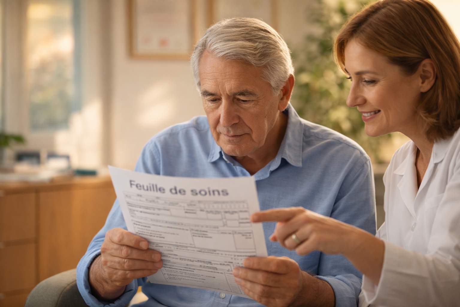 Un senior français en cabinet médical examine attentivement sa feuille de soins avec l'aide d'un professionnel de santé