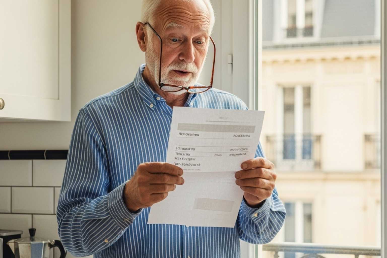 Un senior parisien en chemise bleue tient une facture médicale avec une expression surprise dans sa cuisine typiquement parisienne