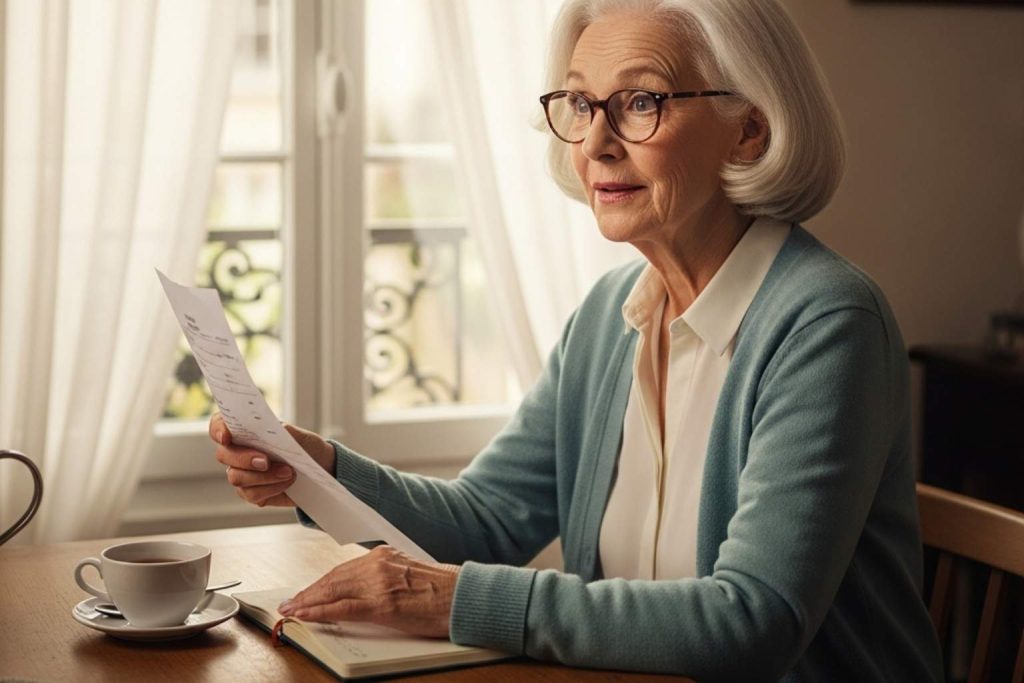Une senior française examine une facture médicale avec surprise à sa table de cuisine parisienne