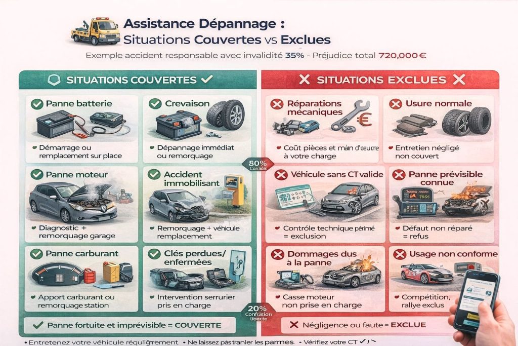 Infographie montrant les pannes couvertes et exclues par l'assistance dépannage automobile