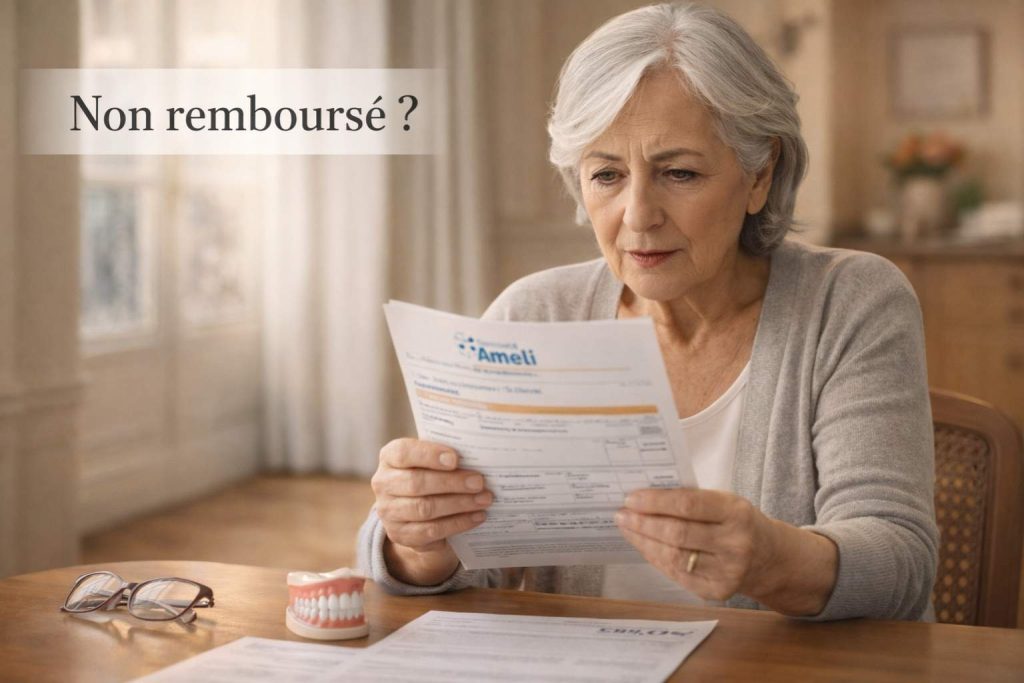 Senior français découvrant avec surprise des soins non remboursés sur sa feuille AMELI — lunettes, dentaire, kiné, ostéopathie