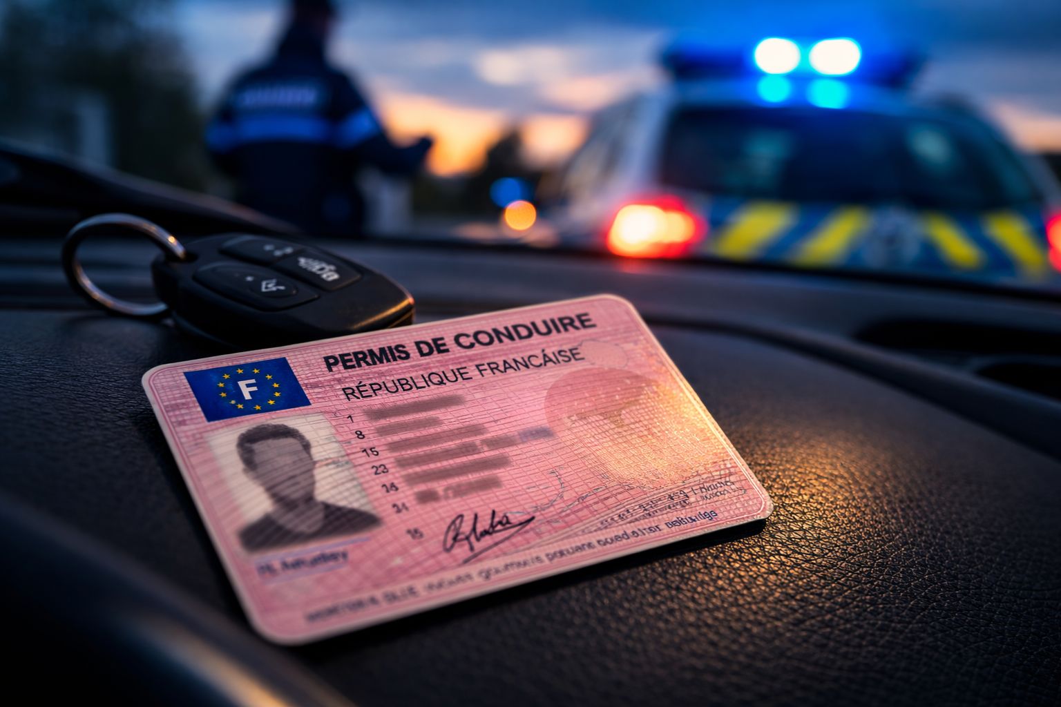 Permis de conduire posé sur un tableau de bord avec présence de forces de l'ordre en arrière-plan.