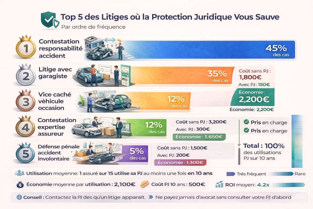 Infographie classant les 5 situations les plus fréquentes d'intervention de la protection juridique auto