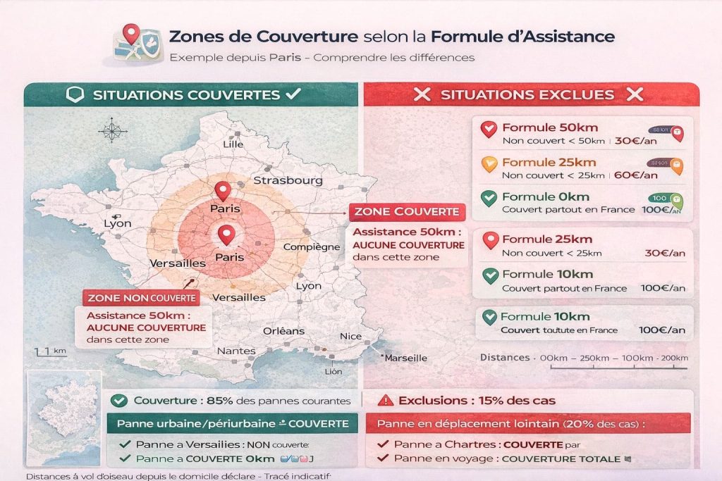 Carte de France montrant les zones de couverture d'assistance dépannage selon les formules 0km, 25km et 50km