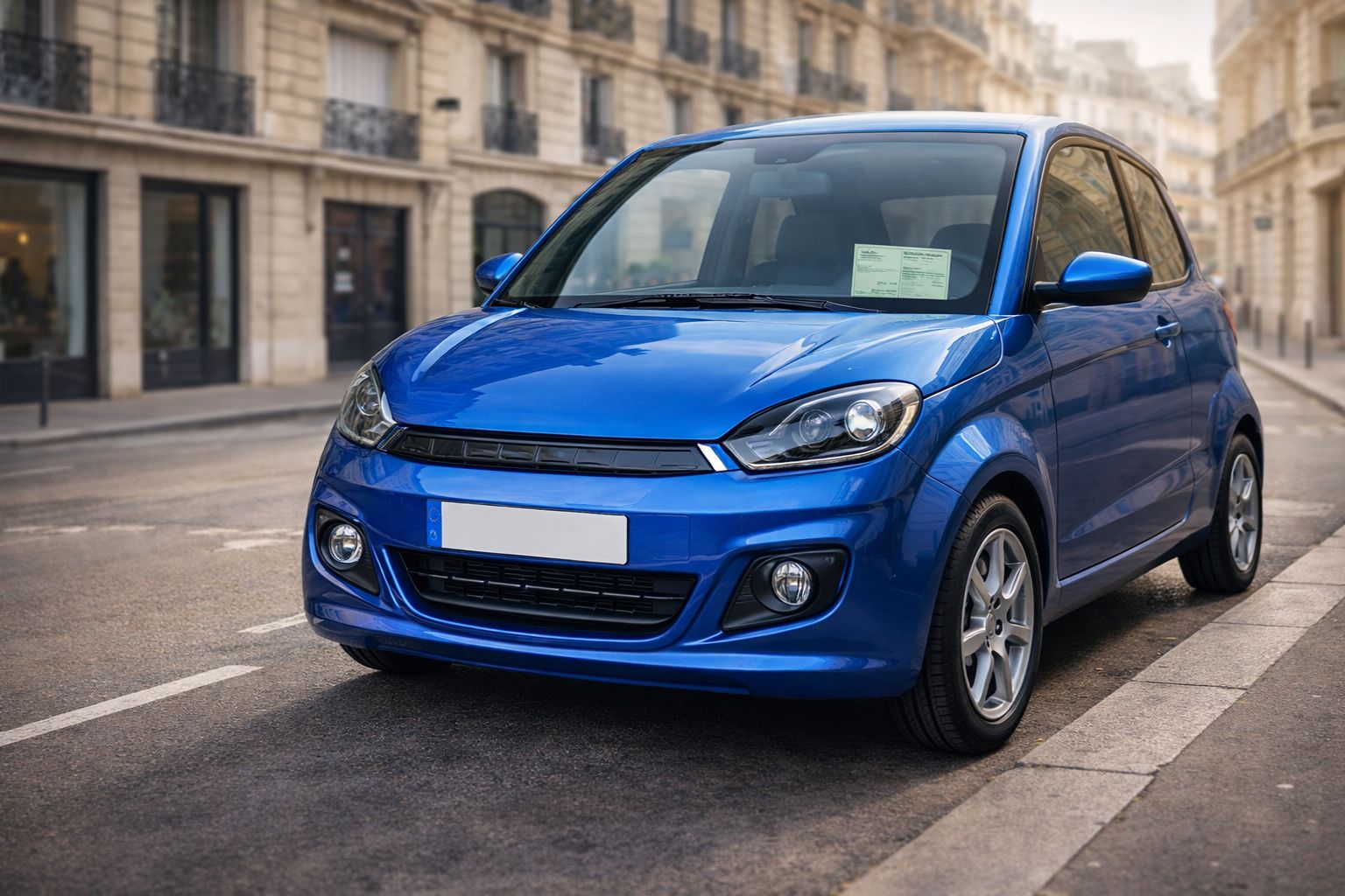 Voiture sans permis moderne en ville avec attestation assurance visible pare-brise