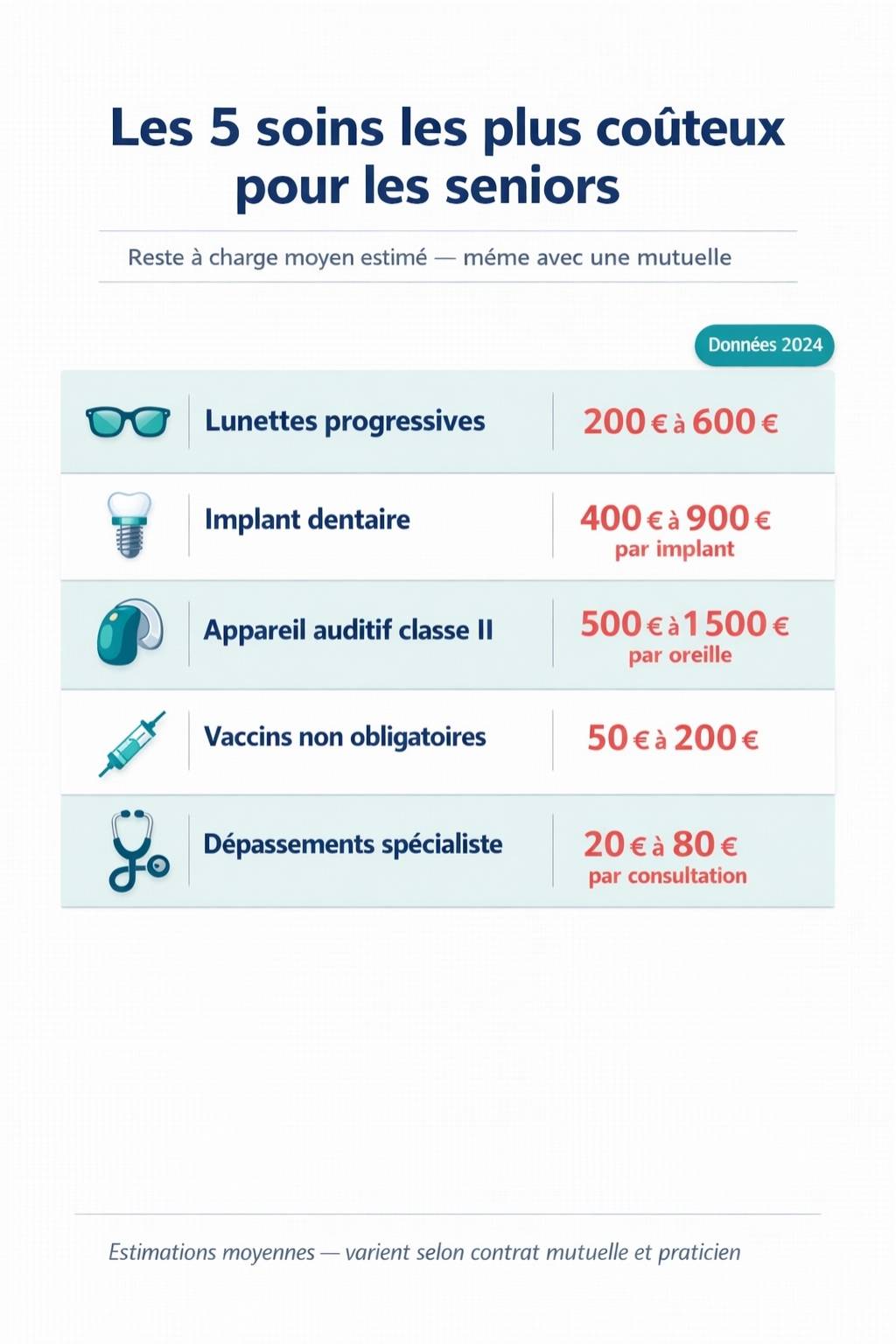 Infographie tableau illustré à 5 lignes sur fond blanc clair listant les soins les plus coûteux pour les seniors avec leurs icônes médicales et reste à charge estimé en euros : lunettes, implant, audiologie, vaccins, dépassements