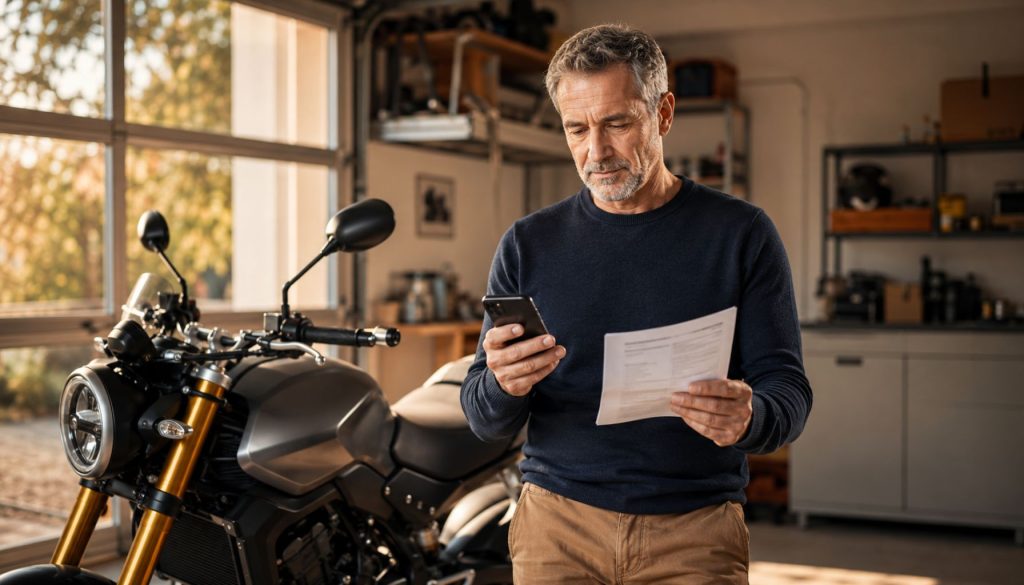 Homme senior comparant une assurance tous risques et une assurance au tiers pour sa moto dans son garage