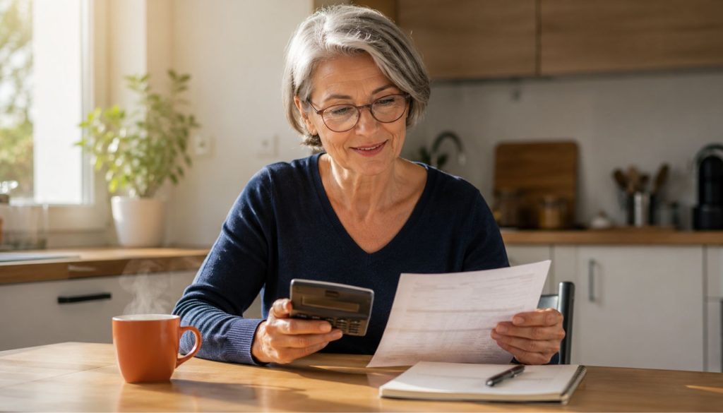 Femme senior calculant si basculer son assurance tous risques vers une formule au tiers est rentable